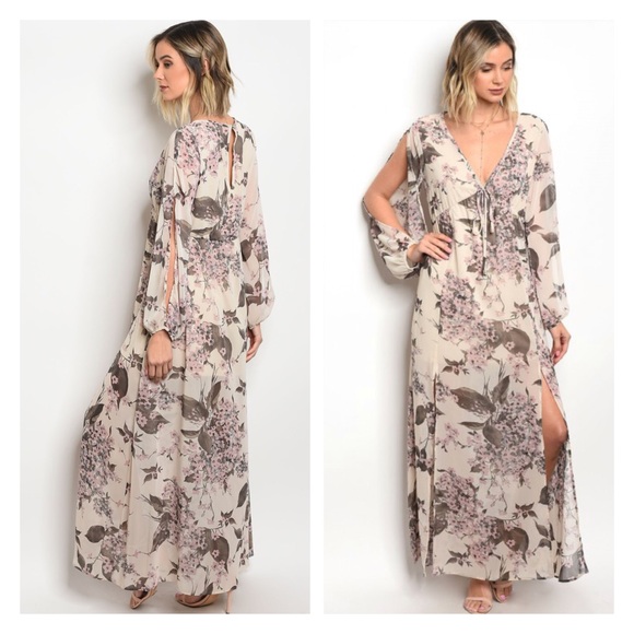 Sand floral print slit long sleeves  maxi dress - Picture 1 of 6